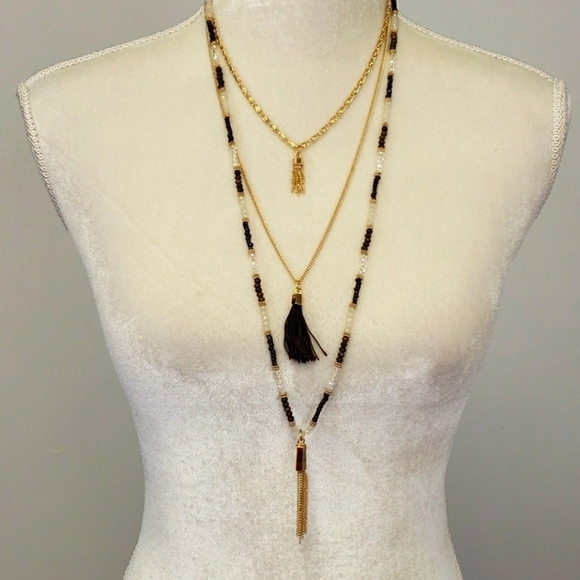MULTI-MEDIA Tassle Necklace Gold & Brown Bead EUC - Picture 1 of 9